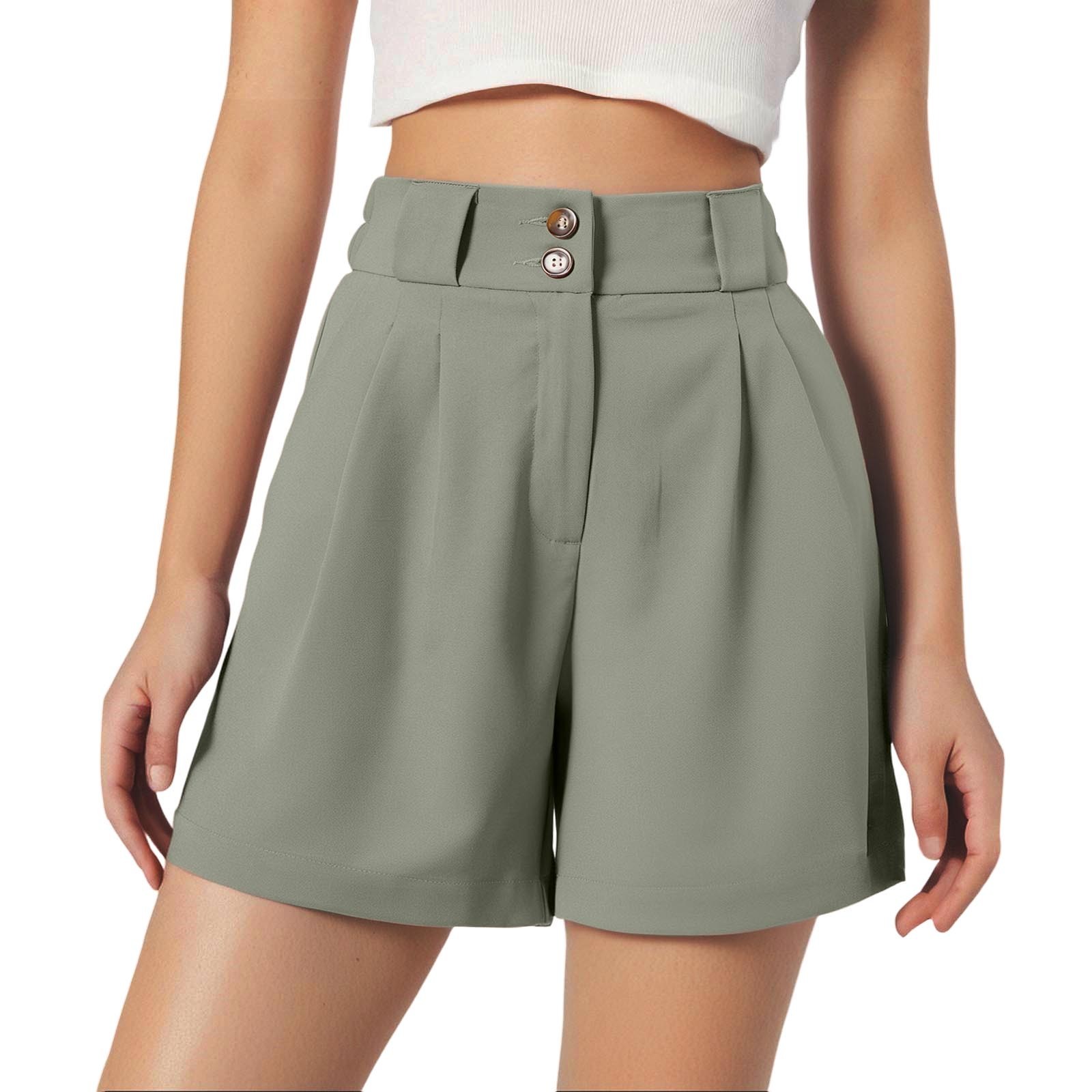 Pantalones cortos de cintura alta para mujer - Abertura lateral, bolsillos - Informal de negocios - Espalda elástica, cierre con cremallera - Tallas S-XXL
